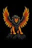 Placeholder: lion face 2D black yellow with wings and 4 legs on fire standing on rock
