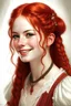 Placeholder: Traditional painting portrait of a young belle epoque woman. She has braided red hair. She is a magic. She is softly smiling. She is wearing a leather and lace white corset dress, with light background.