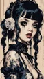 Placeholder: Poster in two gradually, a one side malevolent goth vampire girl face and other side the Singer Melanie Martinez face, full body, painting by Yoji Shinkawa, darkblue and sepia tones,