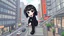 Placeholder: one cute weird emo style detalied cartoon girl with dark eyes, dark hairstyle, black jeans , black make up, and black boots. she sittings on upstairs and she no smiles, background a cartoon modern downtown city , office buildings, no Chinese subtitles, wide streets, markets, full body, digital art, detalied, illustration.