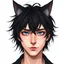 Placeholder: An androgynous man with messy black hair, black cat ears on his head, blue eyes.