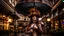 Placeholder: woman standing in a street with a parasol shaped like a mushroom with tentacles, in a steampunk setting