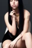 Placeholder: Billie Eilish, sitting on a chair, Black Short Dress, high detail, realistic