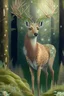 Placeholder: a handsome light brown deer with green rhinestones stands in a mythical garden with birch trees