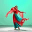 Placeholder: lady in azeri dance custum change clothing color to cyan and red fullbody shot standing in a pretty stage,not decolte,with a long lace scarf