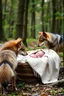 Placeholder: A baby sleeping in a basket covers by a blanket in the middle of a forest . Two wolfs standing by the basket looking at the baby