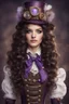 Placeholder: A girl with long, wavy dark brown hair, purple eyes, dressed in steampunk clothes, Nutcracker style