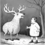 Placeholder: Gary Larson illustration of a quirky deer talking to a fat kid, cartoon cell, black and white
