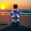 Placeholder: Create an image of a glass bottle with a cork stopper, sitting on a sandy beach during sunset. Inside the bottle, depict a vibrant fantasy scene with a castle surrounded by water. The sky inside the bottle should be starry and include planets, while the outside environment reflects a serene beach setting with waves and rocks.