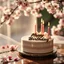 Placeholder: crystal stone romantic atmosphere, glossy transparent stone tabletop, rich atmosphere, shades, tulle, candles, birthday cake written on it “ Happy Birthday “ from the side, luxury, close-up, warm light, minimalismspring cherry blossoms blurred background sunny weather