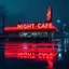 Placeholder: captivating high-resolution image of glowing neon diner sign reading "NIGHT CAFE," vibrant UV-reactive neon colors on a rainy night. The bright red neon track lighting wraps around the roof, creating a mesmerizing glow. The parking lot is full, with puddles reflecting the dazzling neon lights. HD, mind-bending artistic photography. rendered in stunning 8k resolution, Unreal Engine 5
