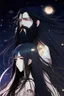 Placeholder: Celestial anime girl, long black hair, with bearded man