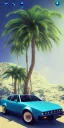 Placeholder: 1980's aesthetic vaporwave palm trees with spheres and tesla car