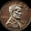 Placeholder: Close up photography of a 1966 Copper Penny but with a mottled grimacing zombie that resembles Lincoln, text "1966", text "IN NONE WE TRUST", horror, surreal, dark negative space