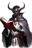 Placeholder: En Young male black skin tiefling fra dnd holding a book with Arcane Magic in a silver and White Rope and a silver cloak. His horn a perfectly place on acet from the front to the back pointing upwards with glowing Red cat Eyes. His close is elegant get simple. Holding an ice Crystal in his Right Hand