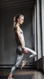 Placeholder: anorexic yoga woman, androgynous, model face, model body, satin silver leggins, satin silver top