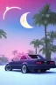 Placeholder: 1980's aesthetic vaporwave palm trees with lighting with moon with audi in the winter snow