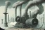 Placeholder: turbine construction factory , surrealist illustration, steam and smog around,