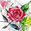 Placeholder: A colorful, abstract and minimal watercolor painting of a rose. The rose has big leaves, red petals, with black outline details giving a scribbled effect. the image is in the middle of a white canvas. The background should be clean and mostly white, with subtle geometric shapes and thin, straight lines that intersect with dotted nodes. The style is expressive and textured, reminiscent of outsider art.