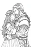 Placeholder: Fantasy coloring page, minimal detail. HD. Woman embracing a male knight with a beard