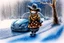 Placeholder: Cute little happy cat scarecrow riding a luxury car, forest path background, winter, snowflakes swirling, waterfall, reflection, mist, sunrise, smooth intricate photorealistic hyperrealistic high definition beautiful lighting pencil sketch watercolor dramatic lighting storybook illustration polished Deep shadows deep color warm light shiny glitters