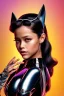 Placeholder: a poster of a Jenna Ortega, dressed as Catwoman, black leather, fine-art photography, rim lighting, 16k, full length, ultrarealistic, UHD faces, Unsplash, kodak ultra max 800, intricate, cinematic pose, centered symmetrical composition, stunning photos, masterpiece, grainy, centered composition