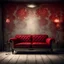 Placeholder: Hyper Realistic Dark Fancy Lounge with Fancy Couch & Grungy Red Damask Texture on Rustic off-white Wall with peeling & vignette effect at night