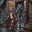 Placeholder: fantasy digital art of young anthro wolf kicked out of the house, she have gray hairy wolf body , paw, and wears just a short canvas rag around her waist , sadly face in the rain , behind her an tall angry anthro dark hairy wolf man and kicks her out the door with his foot, behind in rustic halb open door in an massive wooden house, deep colors, rainy day, detailed, anthropomorphic creatures, fantasy, sci-fi mood