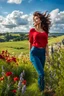 Placeholder: beautiful girl in nice red top and blue pants with curvy hair,country side ,wild flowers,blue sky nice clouds,