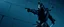 Placeholder: close up on samurai guard pointing at professional ninja thief climbing a wall during lightening,