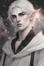 Placeholder: a young male Elf sorcerer with ethereal white skin and hair, complemented by striking black eyes, and an intriguing narrative element of a gambling addiction