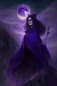 Placeholder: A beautiful witch, dressed in a dark purple cloak, with brown hair and hazel eyes, standing on a mountain peak with a forest behind her, under the full moon, wand out, casting a spell