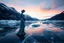 Placeholder: in a frozen sea with pretty mountains a full lady statue in artist pose looking at camera, of transparrent ice that going to melt and water drops fall from all body.