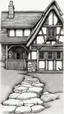 Placeholder: A front elevation line drawing of a fantasy mediaeval ramshackle house.