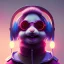 Placeholder: pixar style anamorphic cute smiling baby rabbit, smiling, cyberpunk headphone, sunglass, gangsta gold neckless, full body, magenta puffer jacket, manila city backdrop, dramatic lighting, hyper realistic, unreal engine 5, 16k