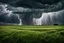 Placeholder: Surreal big storm, Stormy weather over a little field of tall grass. A cereal circle in grass under a dramatic sky filled with large, dark clouds. Lightning can be seen streaking across the sky, creating a striking contrast with the green grass. The atmosphere appears ominously foreboding, as if the storm might unleash its fury upon the land,Kandinskysurreal, sinister, dali, bosch, klee style