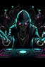 Placeholder: brand dj logo, a dj playing with is hands on disks , title DJ Spider, cyberpunk
