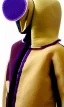 Placeholder: Camouflage colors are terracotta, cream and purple, lilac and Cream latex! European daft punk woman. Mantle is sewed of recycled Denim and sewed together of recycled polymer felt. Yellow(Munsell) areas. hint of orange as effect color!!Big bright purple/khaki felt tippet and cream or blue or lilac colored-hood. mantle is merged with satchel. . AKG-style headphones (gold rings!) is merged with small felt cap with small visor. Style: Haute Couture in 1998