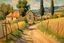 Placeholder: sunny day, mountains, trees, dirt road, countryside, nostalgy influence, adobe house, wilfrid de glehn and paul cezanne impressionism paintings