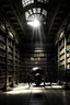 Placeholder: a large old library lit only by a hole in the ceiling and is being protected by a black spider