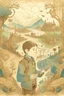 Placeholder: Generate an outline image of a young boy named Alex holding a weathered map with intricate details, standing in a whimsical forest surrounded by magical symbols and ancient landmarks.