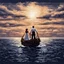 Placeholder: Create a pixel art rendition of the iconic scene from the movie Titanic, where Jack and Rose stand on the bow of the ship with outstretched arms. Capture the emotion and romance of the moment as they gaze into the horizon,
