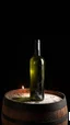 Placeholder: Old dusty bottle of wine in the dark winery on an old abandoned dusty barrel with a spider web on the background and dim candle lught