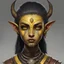 Placeholder: Generate a dungeons and dragons character portrait of the face of a young female Githyanki githyanki were tall and slender humanoids with rough, leathery yellow skin and bright black eyes that were sunken deep in their orbits. They had long and angular skulls, with small and highly placed flat noses, and ears that were pointed and serrated in the back side. They typically grew either red or black hair, which they styled in topknots. Their teeth were pointed.