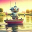 Placeholder: cute blessed robot get big fish on his rod from a small steam boat in a big lake, 8k, downlight, soft light, depth of field, photorealism, trending on art station, lotsa detail