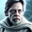 Placeholder: upper body photorealistic jedi mark hamill in Star Wars, sharp blue eyes, photorealistic weathered skin, dark jedi robe, cinematic lighting, intricate