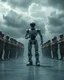 Placeholder: A few prisoners lined up in circle , one after another , in the middle a an Ai robot as guard with laser gun , great quality picture with cinematic scenes , heavy clouds in the background