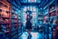 Placeholder: full-height shot of a young witch in a tight black short skirt, inside a large magic shop, shelving, bottles, windows