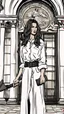 Placeholder: Full body athletic Ukraine female with black wide leg pants, white blouse, head of a Greek or roman sculpture , long hair, holding a trench cleaver, flat leather pouch on belt, thick heeled shoes