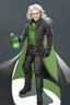 Placeholder: plauge doctor in balck leather clothes with silver hair, pale skin and bright green eyes smiling with sharp teeth